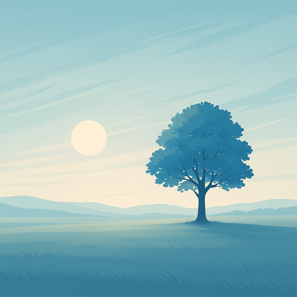 Ein einzelner Baum im Morgenlicht – Symbol für den Weg in die innere Freiheit und Frieden