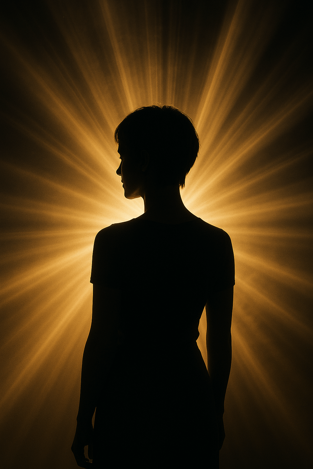 Silhouette einer Frau mit kurzen Haaren im goldenen Gegenlicht, umgeben von kraftvollen Lichtstrahlen – symbolisch für den Prozess des Erwachens.