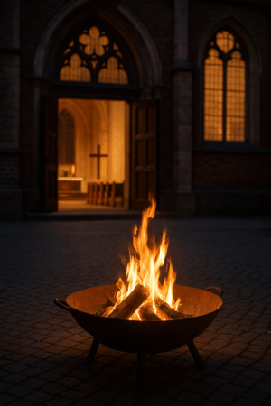 Feuerschale vor einer Kirche Glauben